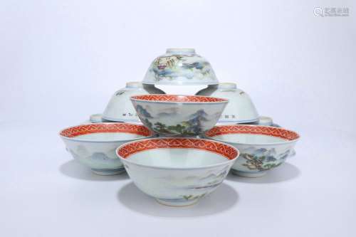 Set Of Six Famille Rose Porcelain Bowls,Qing Dynasty