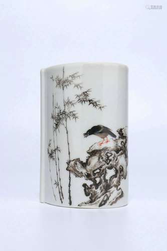 Tang Ying-Grisaille Porcelain Brush Pot,Qing Dynasty