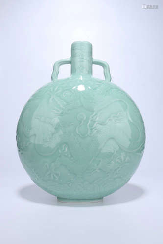 Celadon Glazed Porcelain Moon Flask,Qing Dynasty