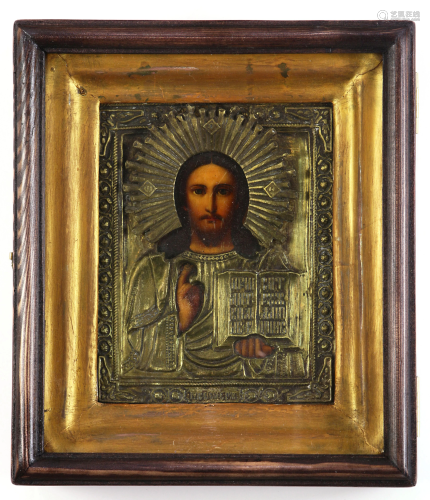 Russian gilt brass oklad clad icon of Christ the