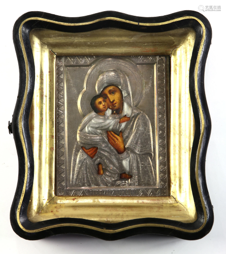 Russian silver oklad clad icon of Mother and Child