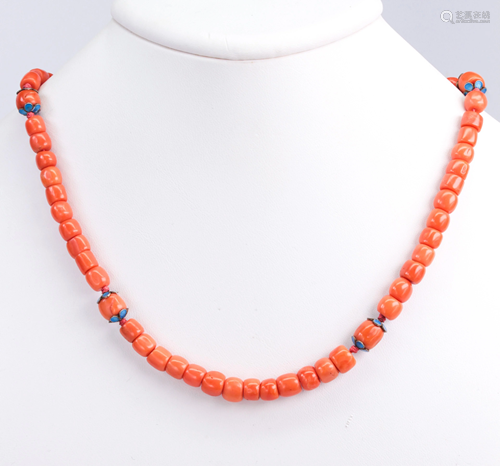 Coral bead, enamel, silver necklace