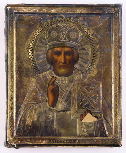 Russian gilt metal oklad clad icon of St Nicholas