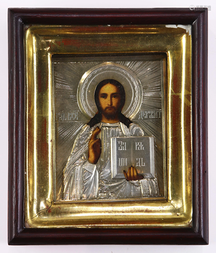 Russian .84 silver gilt oklad clad icon of Christ