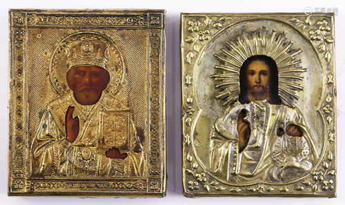 (lot of 2) Small Russian gilt metal oklad clad icons