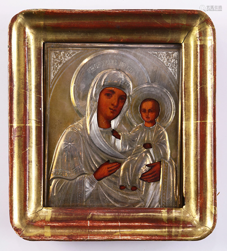 Russian silver gilt oklad clad icon of Mother of God