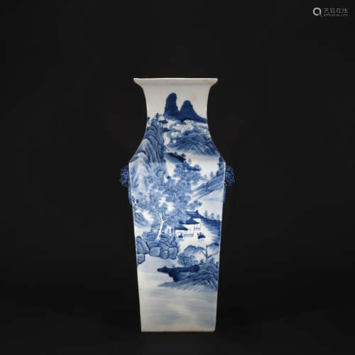 Qing Dynasty blue and white landscape square vase