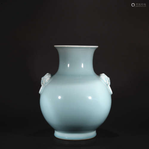 Qing Dynasty sky blue glaze animal head appliqueh goblet