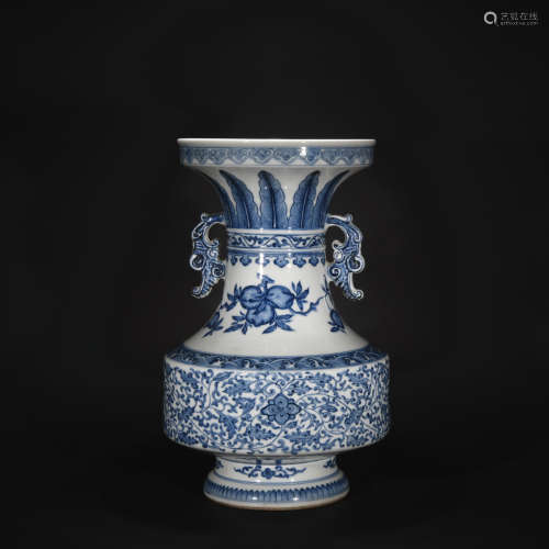 Qing Dynasty blue and white vase with double ear