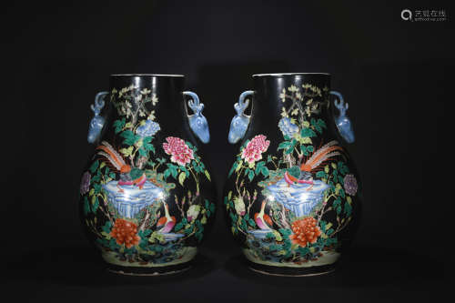 Qing Dynasty tri-colored with ink base deerhead goblet*1pair