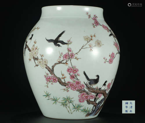 Qing dynasty famille rose jar with flowers and birds pattern