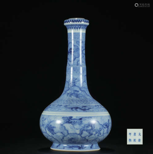 Qing dynasty blue glaze bottle with beast pattern