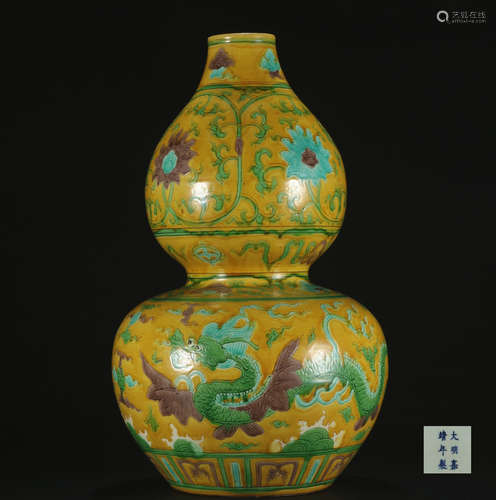 Ming dynasty Fahua cai glaze bottle gourd with dragon pattern