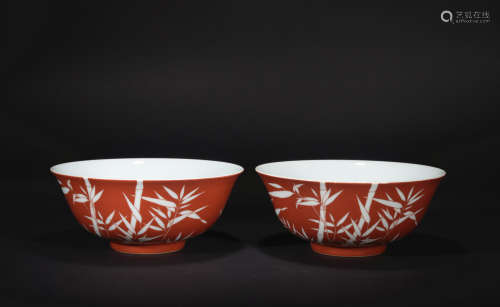 Qing dynasty coral red bowl*1 pair