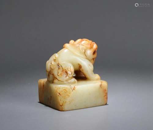 A CHINESE JADE SEAL WITH MYTHICAL BEAST FINIA…