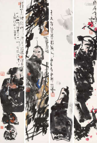 林墉 2000年作 人物四屏 镜片 设色纸本