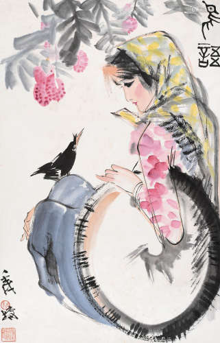林墉 1982年作 鸟语 镜片 设色纸本