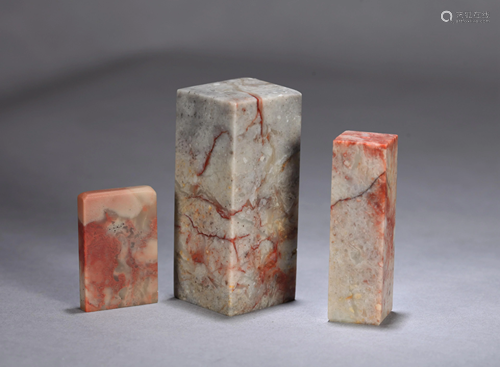 A GROUP OF THREE CHINESE SOAPSTONE SEALS,…