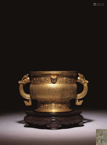 清 銅鎏金獸面紋簋式爐