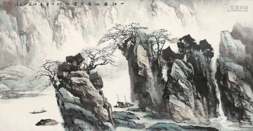 姜 坤 甲申（2004年） 一江春水 万里山水 设色纸本 横披