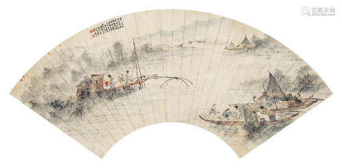 吴青霞 庚午（1990年） 渔郎图扇面 设色纸本 镜片