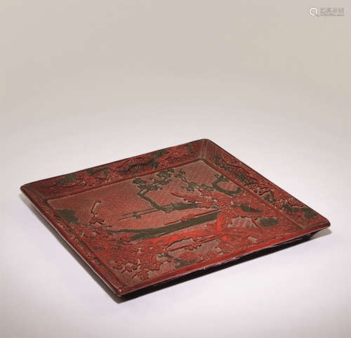 清十八世紀 雕彩漆紅綠梅方盤