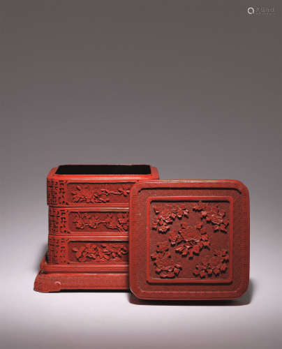 清中期 剔紅富貴牡丹紋四重方盒