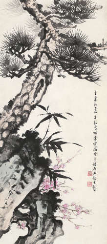 黄君璧、陈子和、林清霓 壬寅（1962年） 四友图 设色纸本 立轴