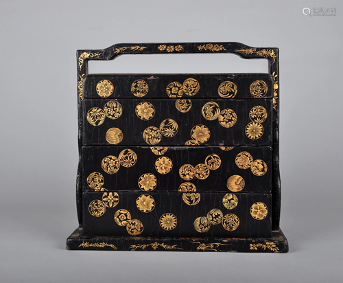 A CHINESE BLACK LACQUERED HANDLED BOX, …