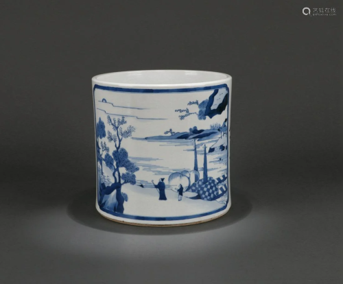 A CHINESE BLUE AND WHITE BRUSH POT, QING DY…