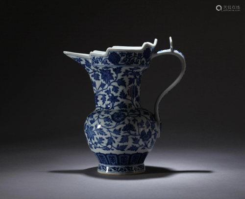 A CHINESE BLUE AND WHITE 'MONK'S HAT' EWER, …