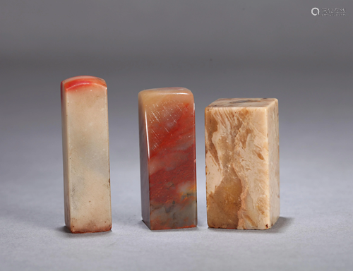 A GROUP OF THREE CHINESE SOAPSTONE SEALS,…