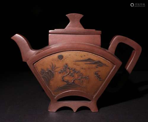 A CHINESE LANDSCAPE CLAY TEAPOT