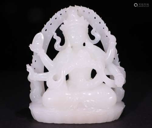 A CHINESE HETIAN JADE GUANYIN STATUE