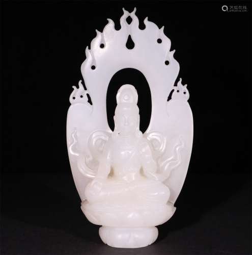 A CHINESE  HETIAN JADE GUANYIN STATUE