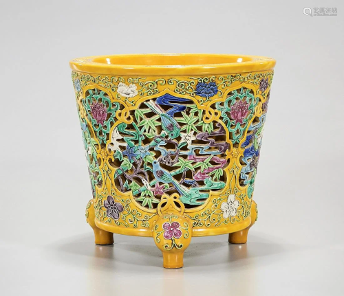 Chinese Enameled Porcelain Tripod Brush Pot