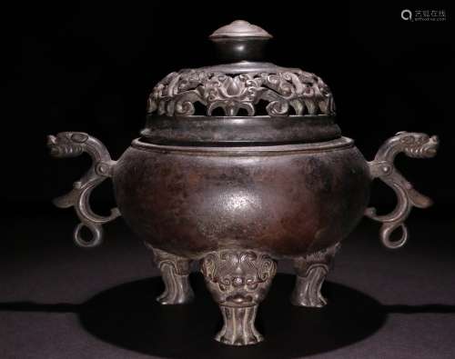 A CHINESE DOUBLE DRAGON EARS BRONZE INCENSE BURNER