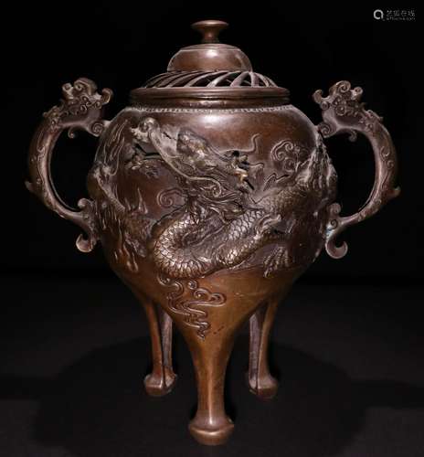 A CHINESE DOUBLE DRAGON EARS BRONZE INCENSE BURNER