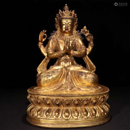 A CHINESE GILT BRONZE GUANYIN STATUE