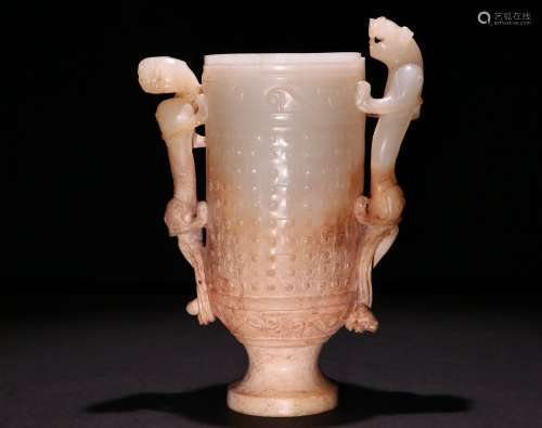 A CHINESE ANCIENT JADE DOUBLE DRAGON EARS CUP