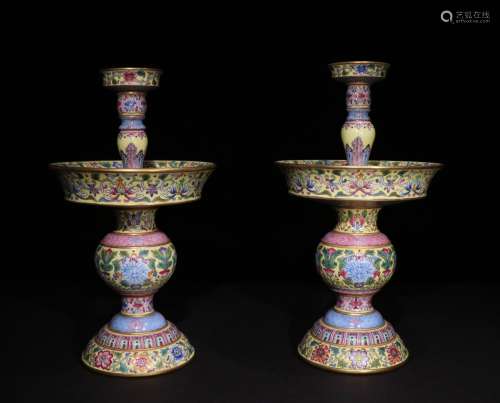 A PAIR OF CHINESE  ENAMEL CANDLESTICKS