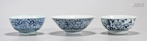 Three Antique Chinese Blue and White Bowls