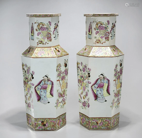 Pair Tall Chinese Enameled Porcelain Hexagona…