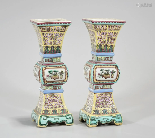Pair of Chinese Four Facet Gu-Form Vases