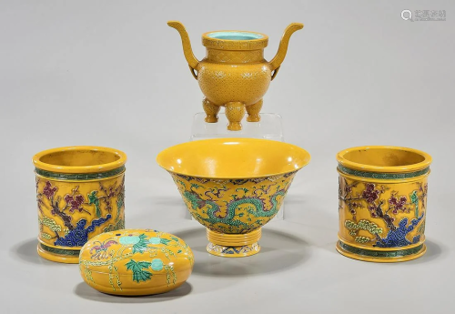 Group of Five Various Chinese Yellow Glazed Porcela…