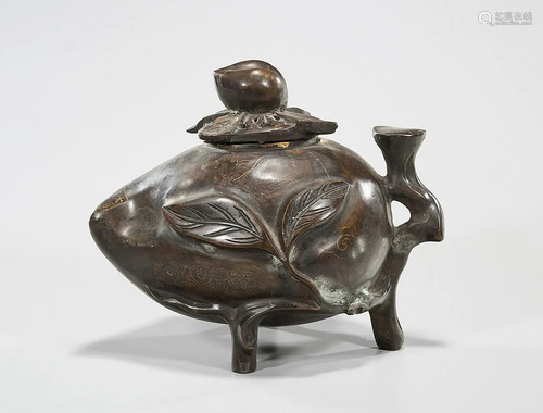 Chinese Bronze Tripod Peach Form Censer