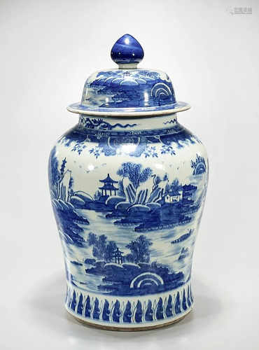 Tall Chinese Blue and White Porcelain Covered Vase