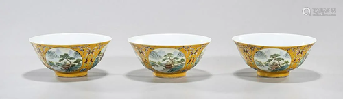 Set of Three Chinese Enameled Porcelain Bowls