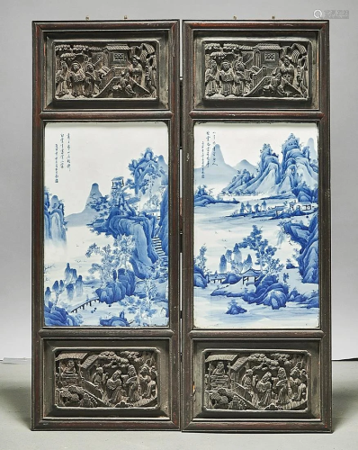 Two Chinese Framed Blue and White Porcelain Plaq…