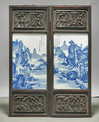 Two Chinese Framed Blue and White Porcelain Plaq…